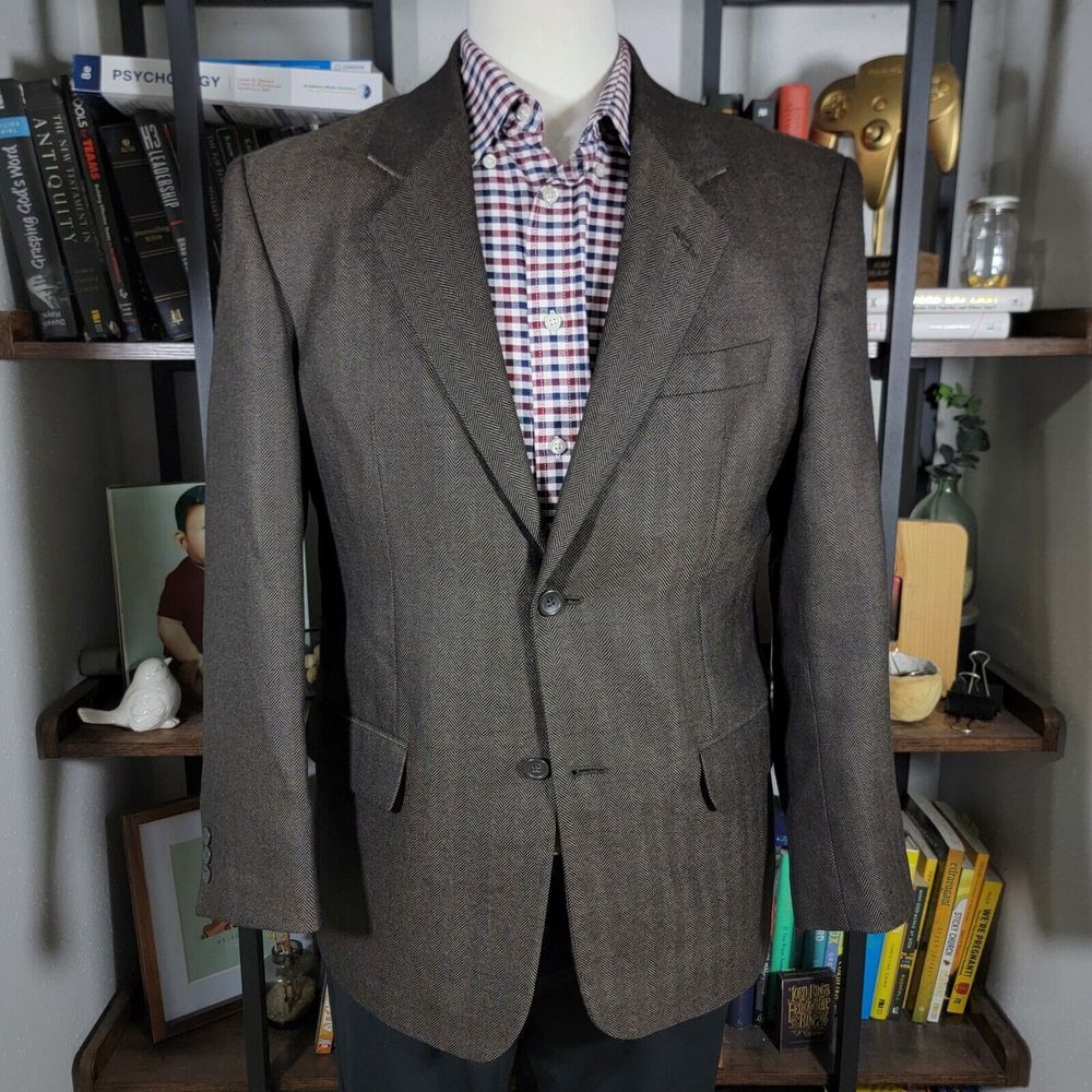 Oleg Cassini Men's Sport Coat Two Button Brown Herringbone Wool Cashmere Sz 40S